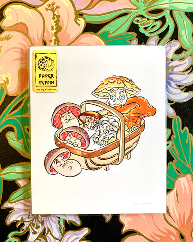Mini Print Mushroom Cats “Harvest Basket” New & Limited