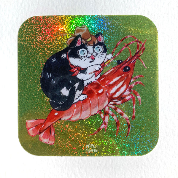 Cowboy Cat Prawn Shrimp Glitter Sticker