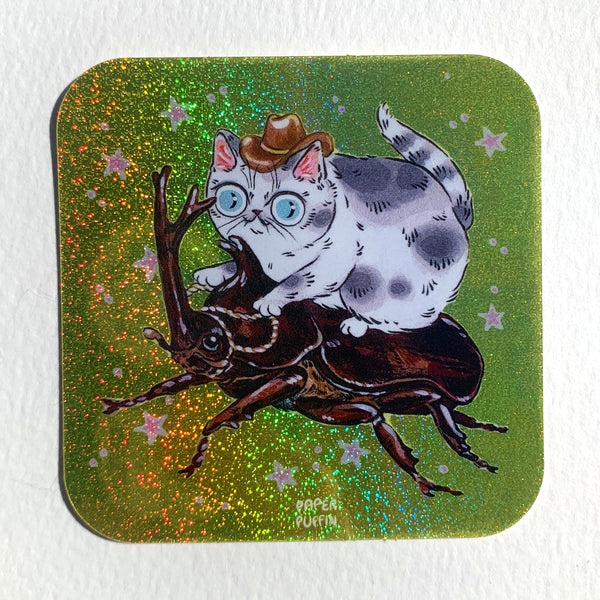 Cowboy Cat Beetle Glitter Sticker