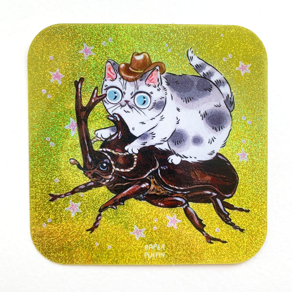 Cowboy Cat Beetle Glitter Sticker