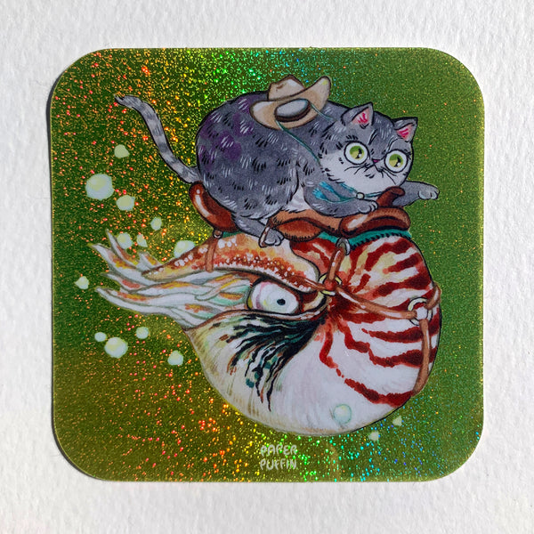 Cowboy Cat Nautilus Glitter Sticker