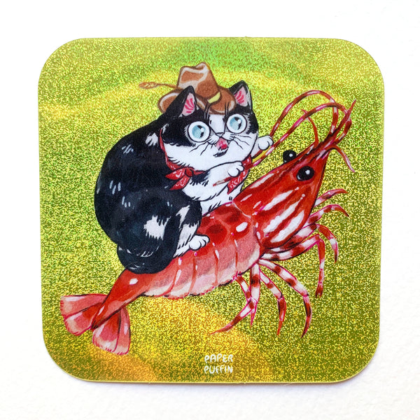 Cowboy Cat Prawn Shrimp Glitter Sticker