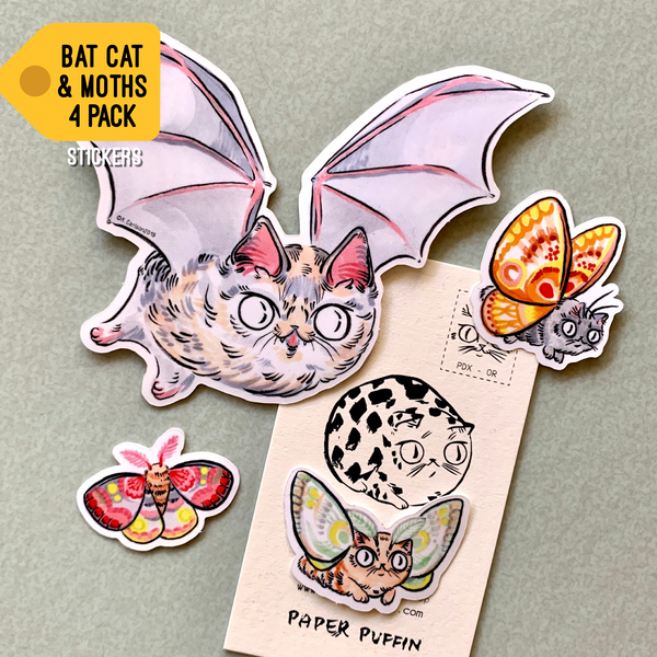 Bat Cat & Moth Stickers Set of 4