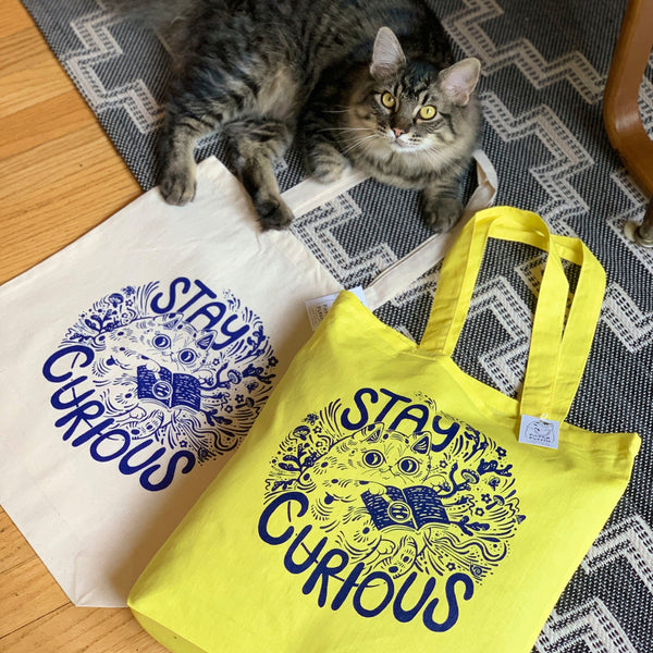 Stay Curious Cat Tote Bag - Natural & Blue