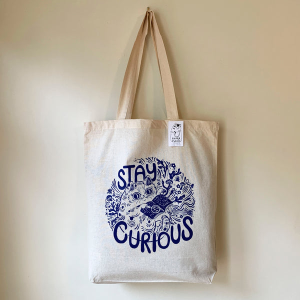 Stay Curious Cat Tote Bag - Natural & Blue