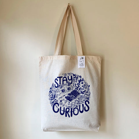 Stay Curious Cat Tote Bag - Natural & Blue