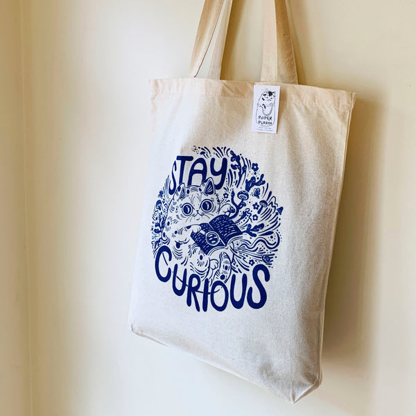 Stay Curious Cat Tote Bag - Natural & Blue