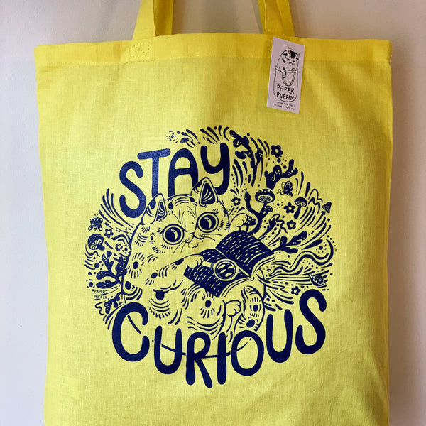 Stay Curious Cat Tote Bag - Yellow & Blue