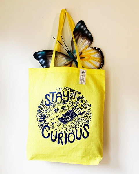 Stay Curious Cat Tote Bag - Yellow & Blue
