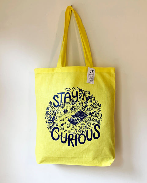 Stay Curious Cat Tote Bag - Yellow & Blue