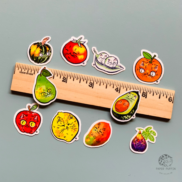 20 Tiny Food Cats Sticker Collection + Silver Tin Case