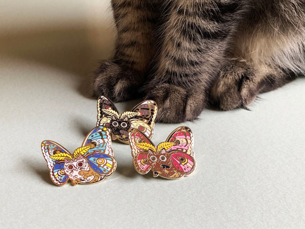 Moth Cat Blue Enamel Pin