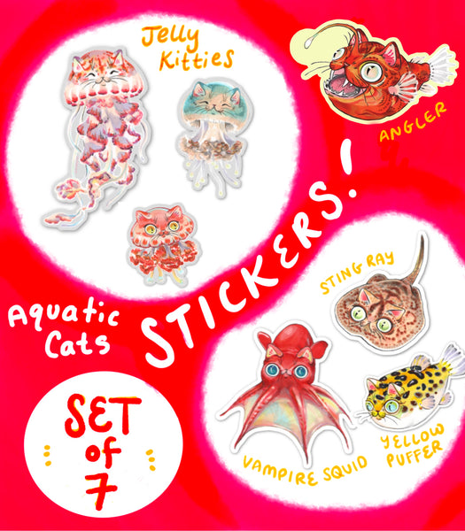Aquatic Cat Stickers Set of 7 Stickers