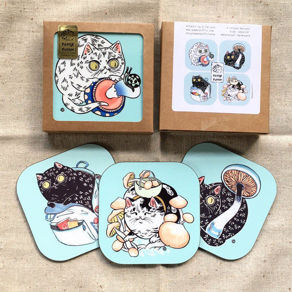Mushroom Forager Cats Coaster 4 pack
