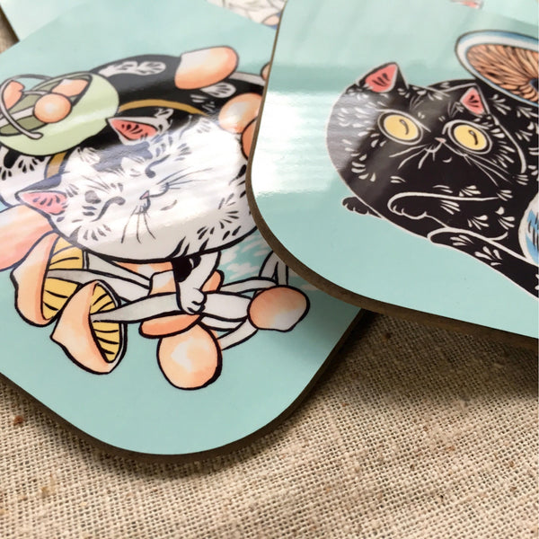 Mushroom Forager Cats Coaster 4 pack