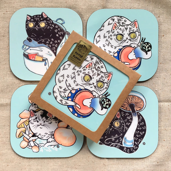 Mushroom Forager Cats Coaster 4 pack