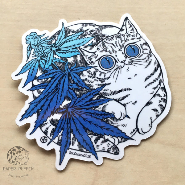 Cannabis Cat 'Oh Hi' Blue Sticker