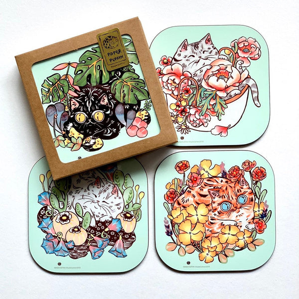Flower Cats Coasters 4 pack