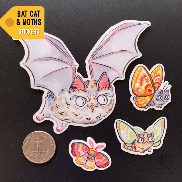 Bat Cat & Moth Stickers Set of 4