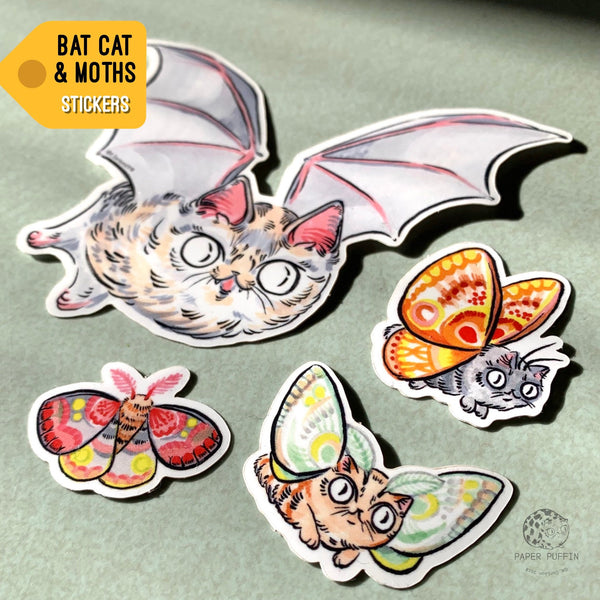 Bat Cat & Moth Stickers Set of 4