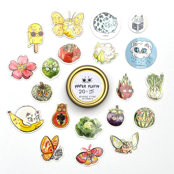 Sticker Tin Set of 20 - SILVER "Food Cats"