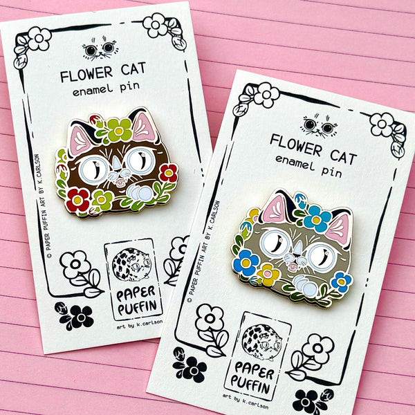 Flower Crown Gray Cat Enamel Pin