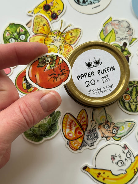 20 Tiny Cats Stickers! + Gold Tin Case