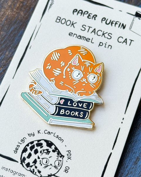 Book Stacks Orange Cat Enamel Pin