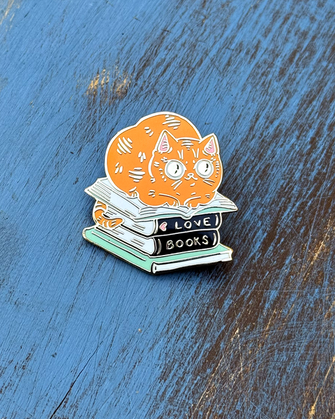 Book Stacks Orange Cat Enamel Pin