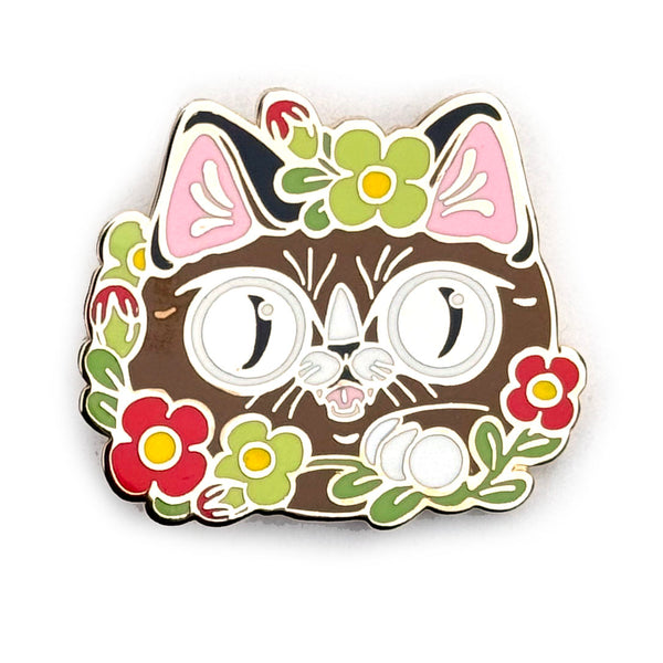 Flower Crown Brown Cat Enamel Pin