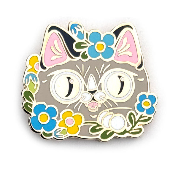 Flower Crown Gray Cat Enamel Pin