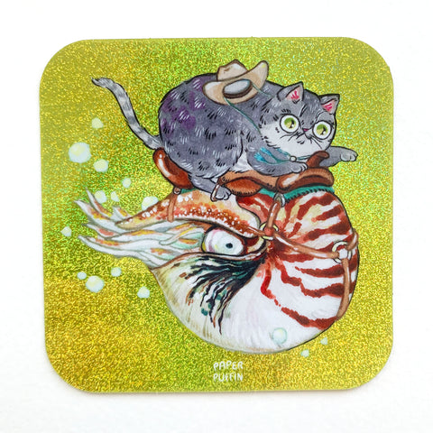 Cowboy Cat "Nautilus" Glitter Sticker