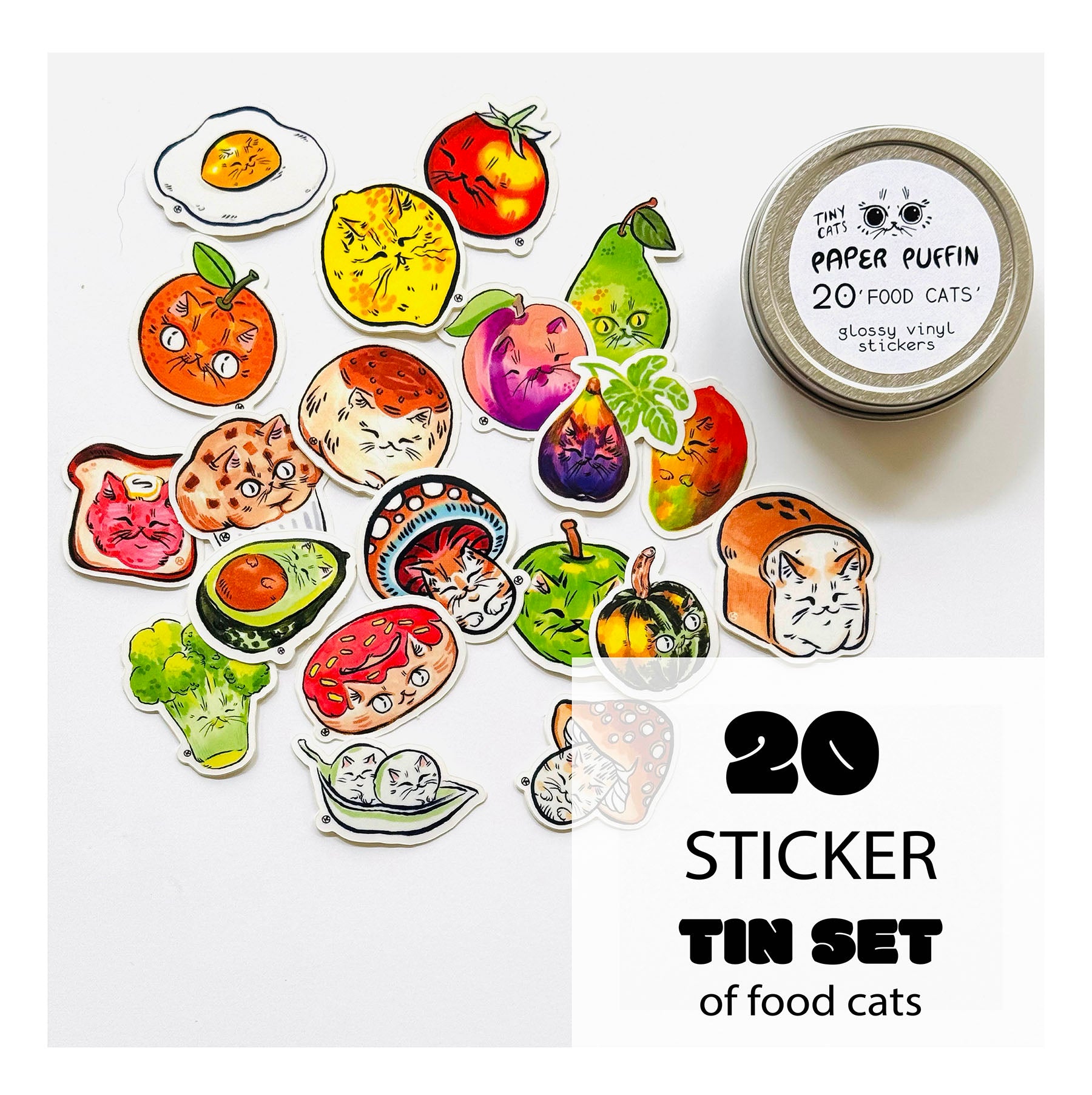 20 Tiny Food Cats Stickers! + Silver Tin Case
