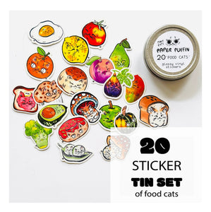 20 Tiny Food Cats Stickers! + Silver Tin Case