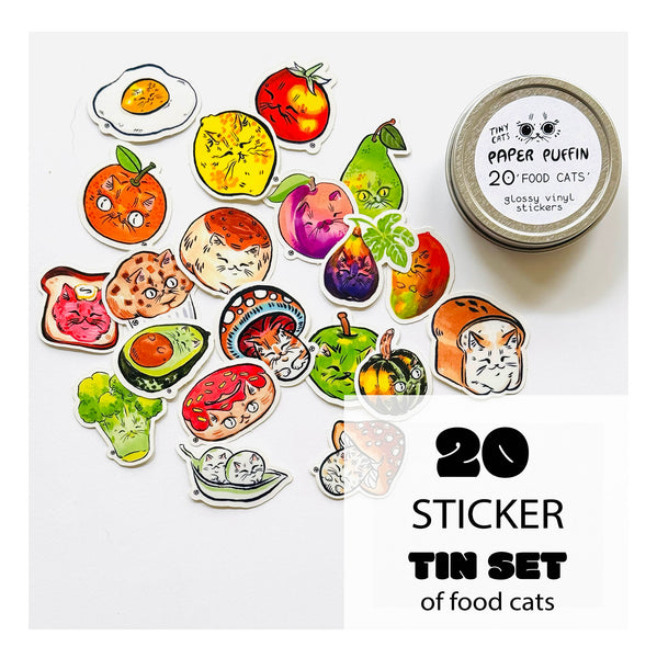 20 Tiny Food Cats Stickers! + Silver Tin Case