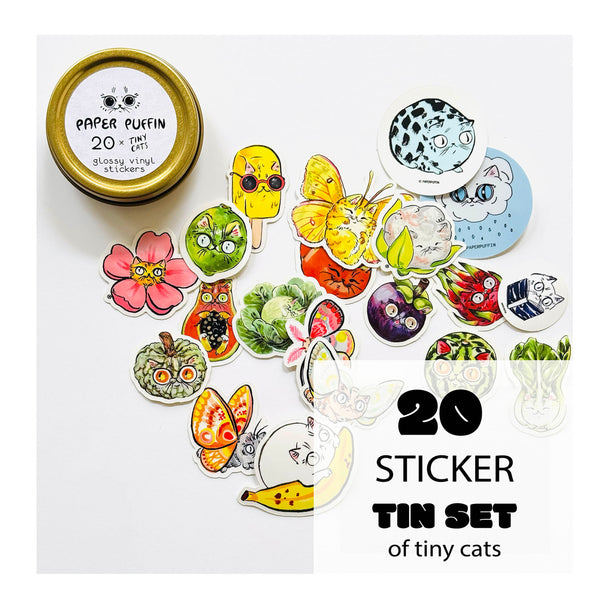 20 Tiny Cats Stickers! + Gold Tin Case