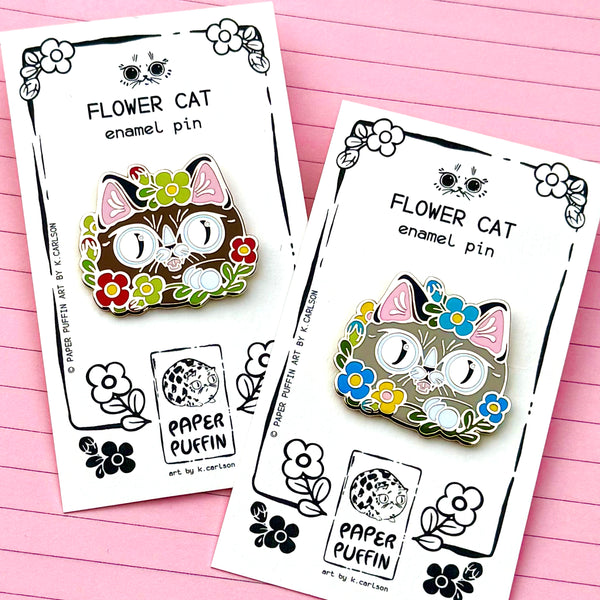 Flower Crown Gray Cat Enamel Pin