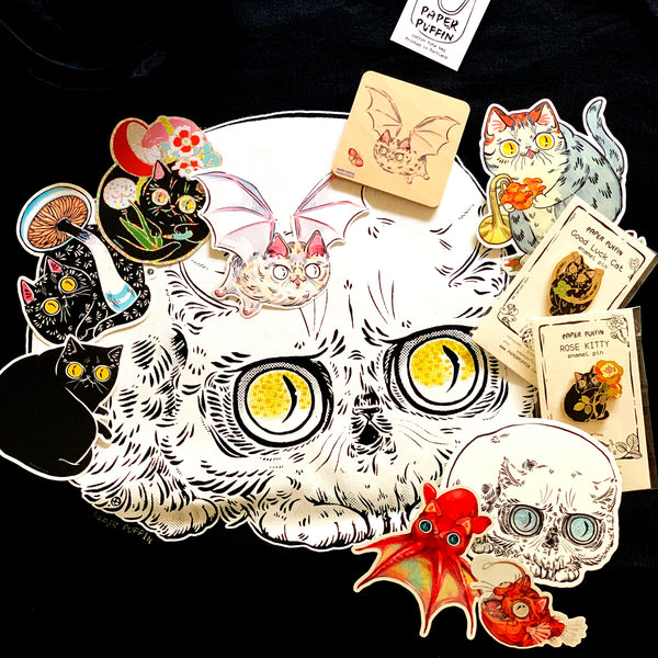 Skull Cat & 6 Stickers Set