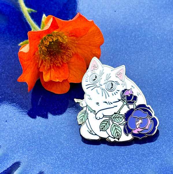 Rosey Cat White and Purple Enamel Pin