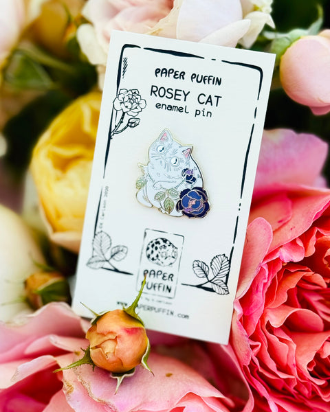 Rosey Cat White and Purple Enamel Pin