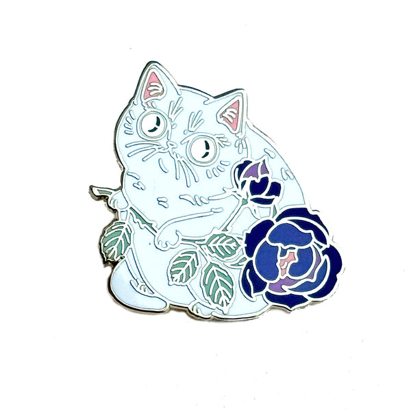 Rosey Cat White and Purple Enamel Pin