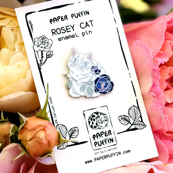 Rosey Cat White and Purple Enamel Pin