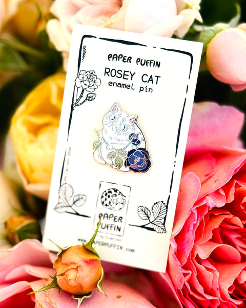 Rosey Cat White and Purple Enamel Pin