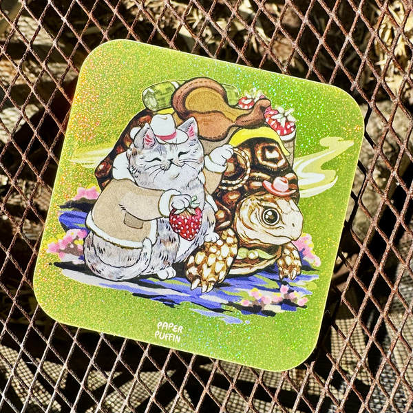 Cowboy Cat Tortoise and Strawberry Glitter Sticker