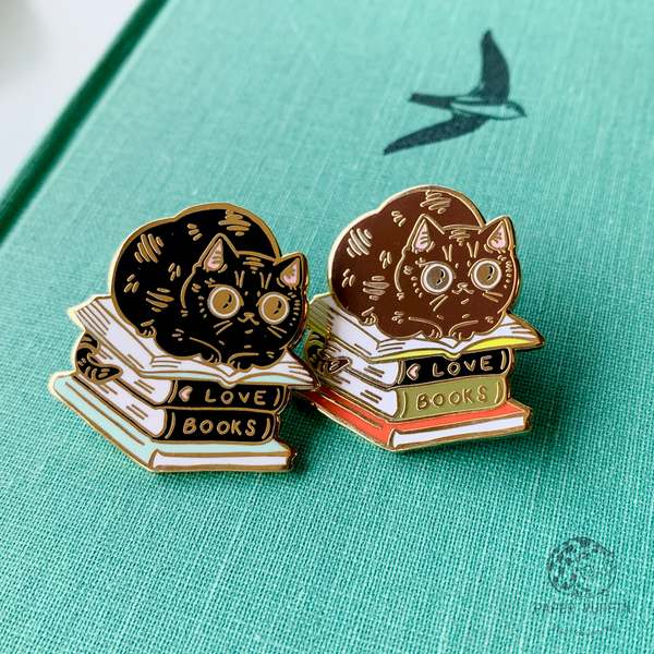 Book Stacks Cat Enamel Pin - Special Edition Brown
