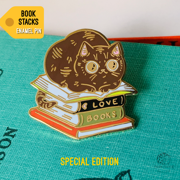 Book Stacks Cat Enamel Pin - Special Edition Brown