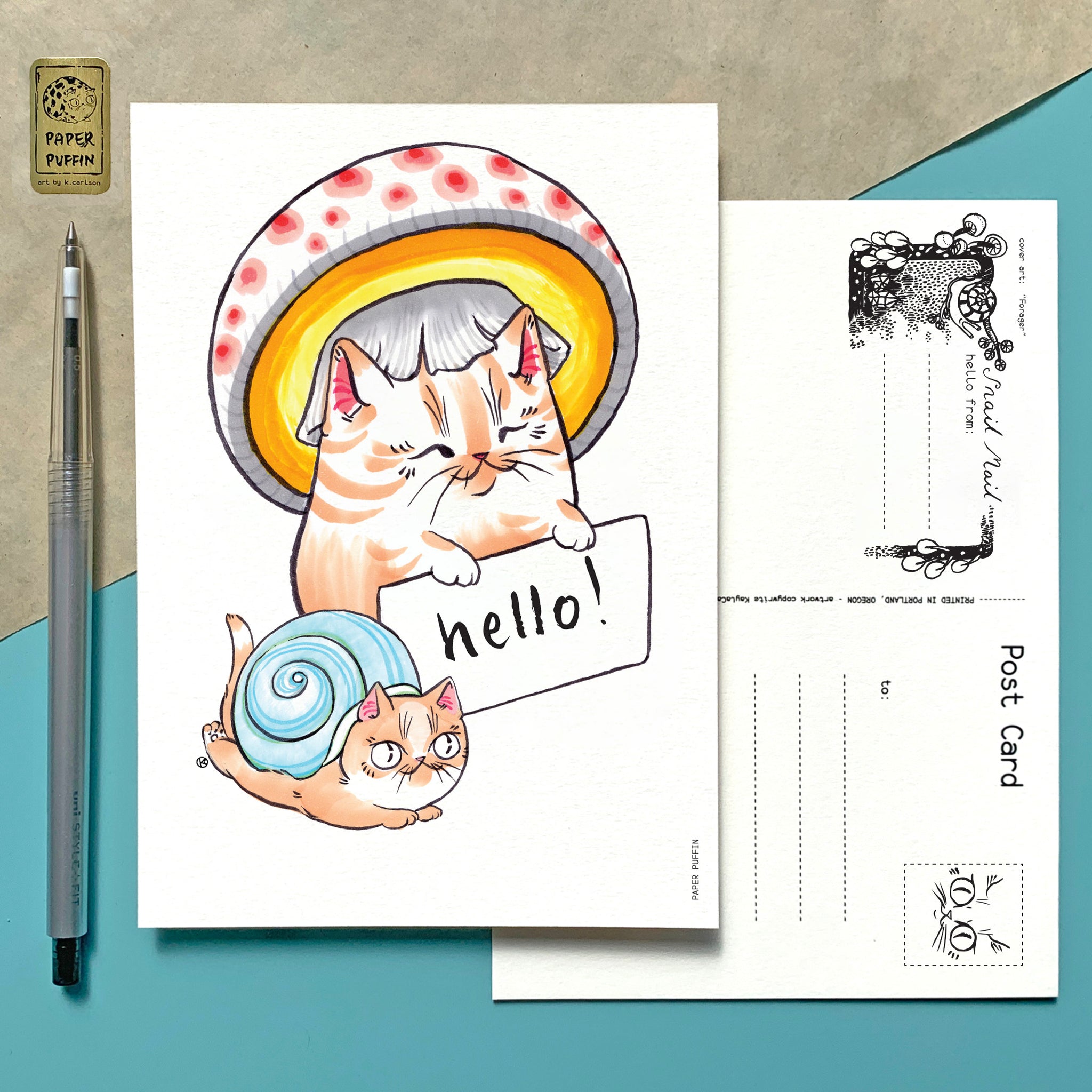 Mushroom Cat Hello Snail Friend Postcard