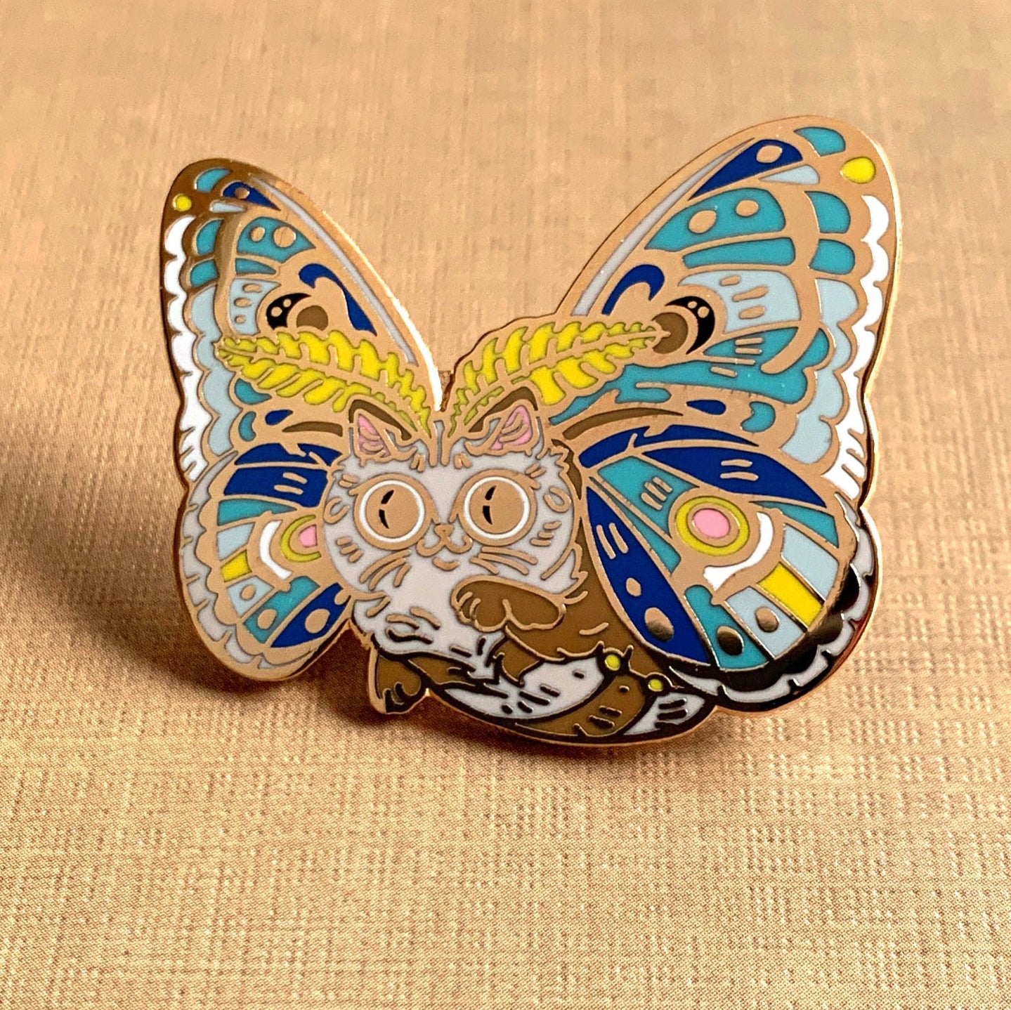 Moth Cat Blue Enamel Pin