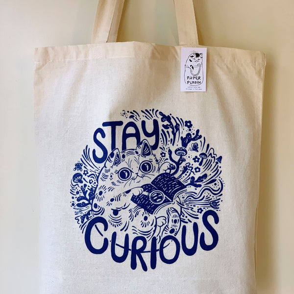 Stay Curious Cat Tote Bag - Natural & Blue