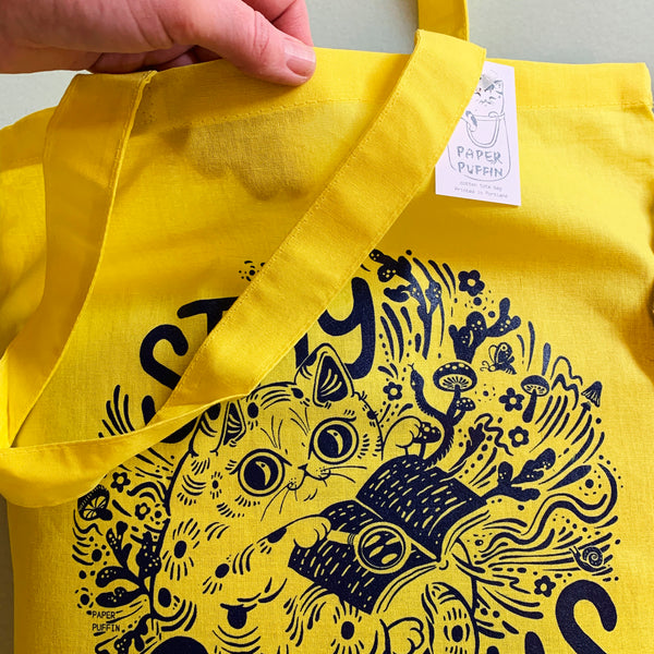 Stay Curious Cat Tote Bag - Yellow & Blue